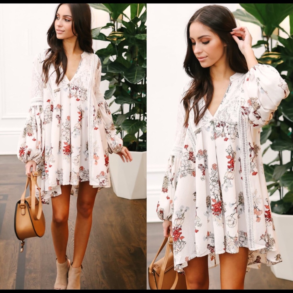 Fun, Floral Lace Puffy Sleeve White Dress - Picture 2 of 9